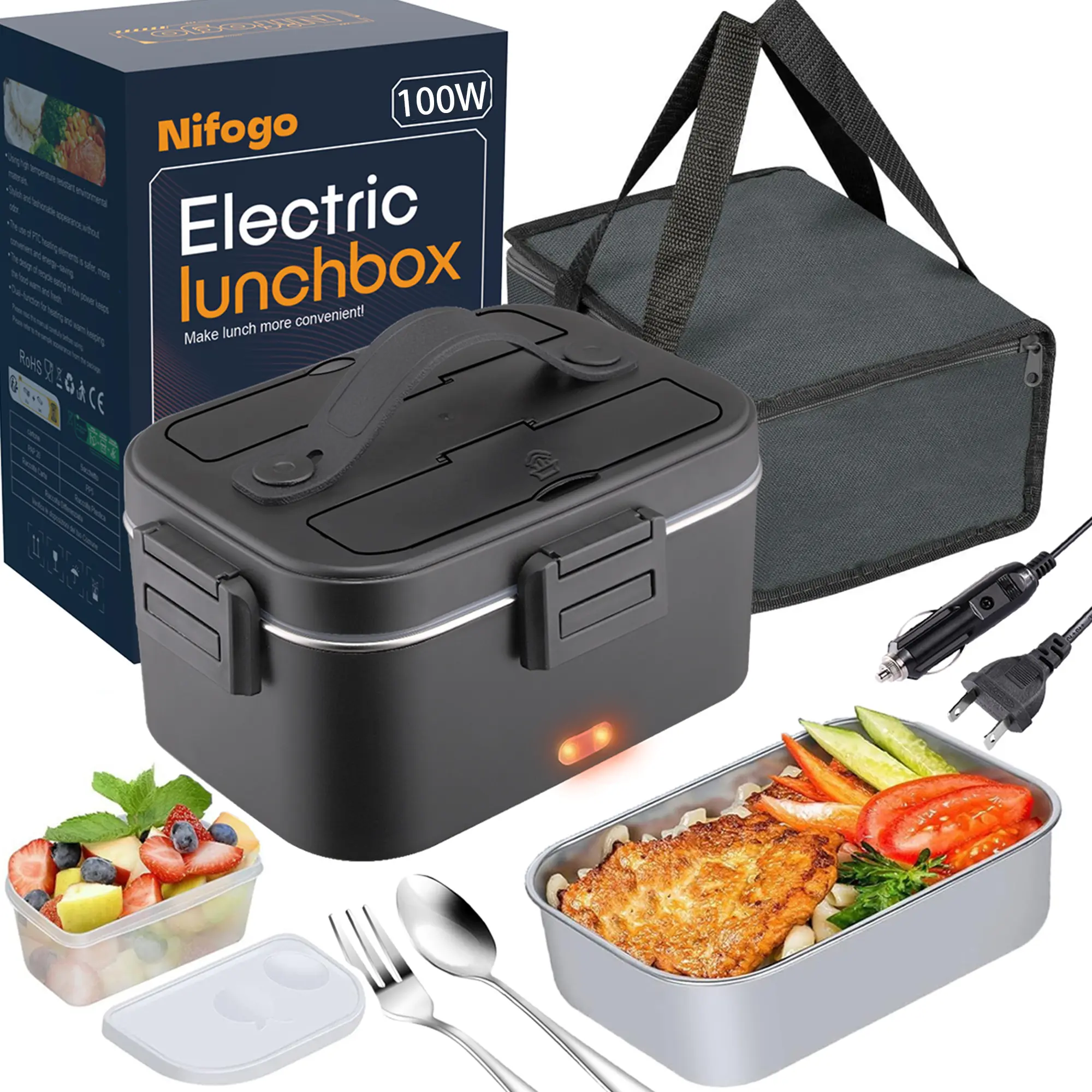 Nifogo Electric Lunch Box Food Heater 100W Portable 1.8L Stainless Steel Container with Tableware & Insulated Case Classic Black for Adults Office Car Use SummerVibes