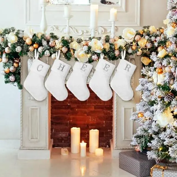 7 inches Initial Monogram Christmas Stocking White Personalized Christmas Stockings with Embroidered Letters Super Soft Initial Christmas Stocking for Xmas Holiday Christmas Tree Fireplace Decor(B)
