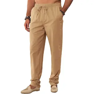 PASLTER Mens Kaftan Thobe Pants Cotton Casual Elastic Waist Drawstring Muslim Trousers Summer Yoga Kurta Pants with Pockets