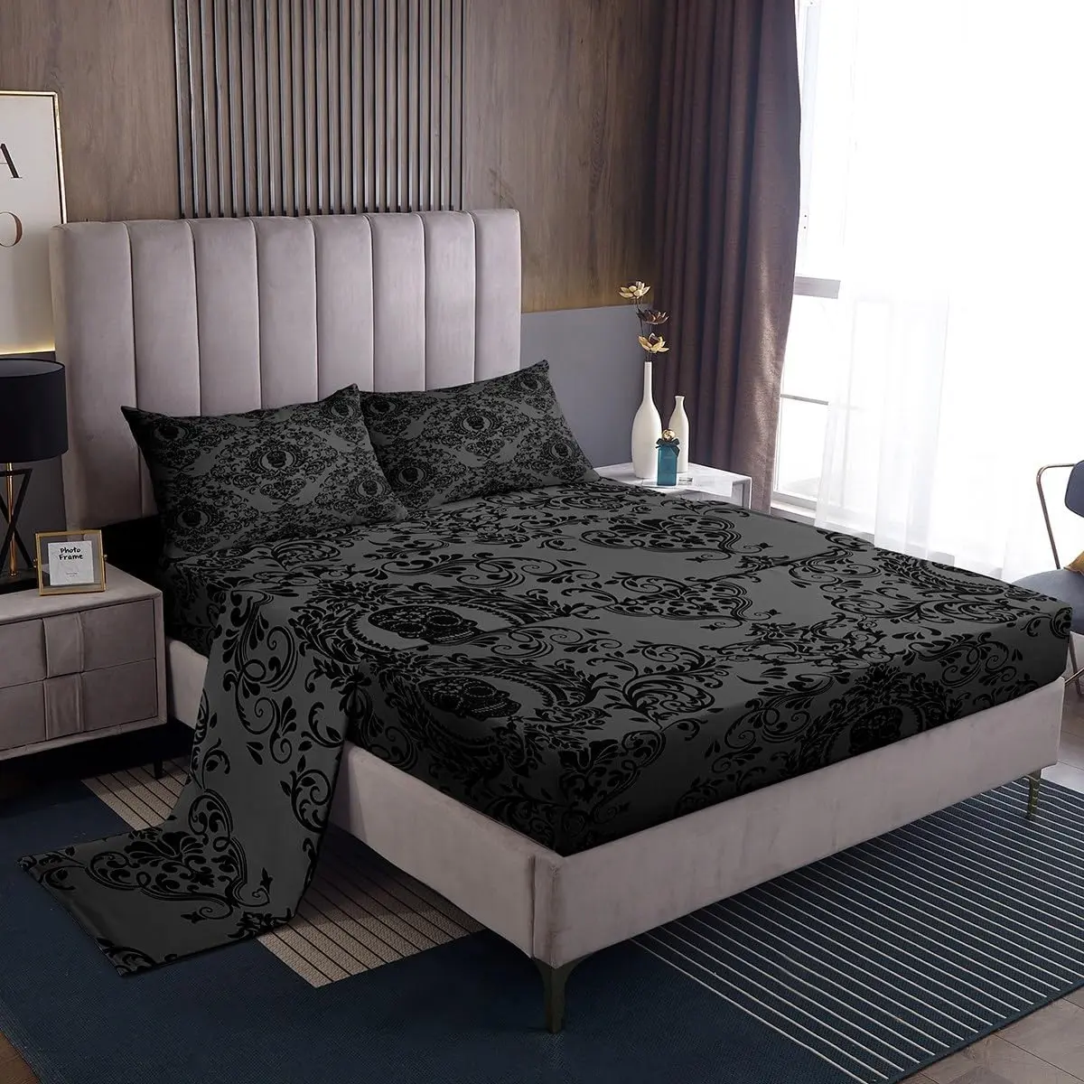 Feelyou Multi-Size Microfiber Bed Sheet Set - Black Vintage Damask Floral Oriental Antique Soft Bedding, Gothic Bohemia Style, Exotic Sugar Skull Print, Deep Pockets, Breathable Durable Sheets, Soft Bedding Sheet