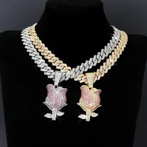 Cute Rose Pendant Necklace, Fashion Hip Hop Flower Pendant with 20inch Cuban Chain, Unisex Jewelry Accessories