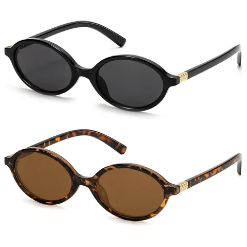2 Pairs Retro Oval Fashionable Sunglasses for Women, Vintage 90s Fashion Shades, Casual Plain PC Frame, UV400 Protection