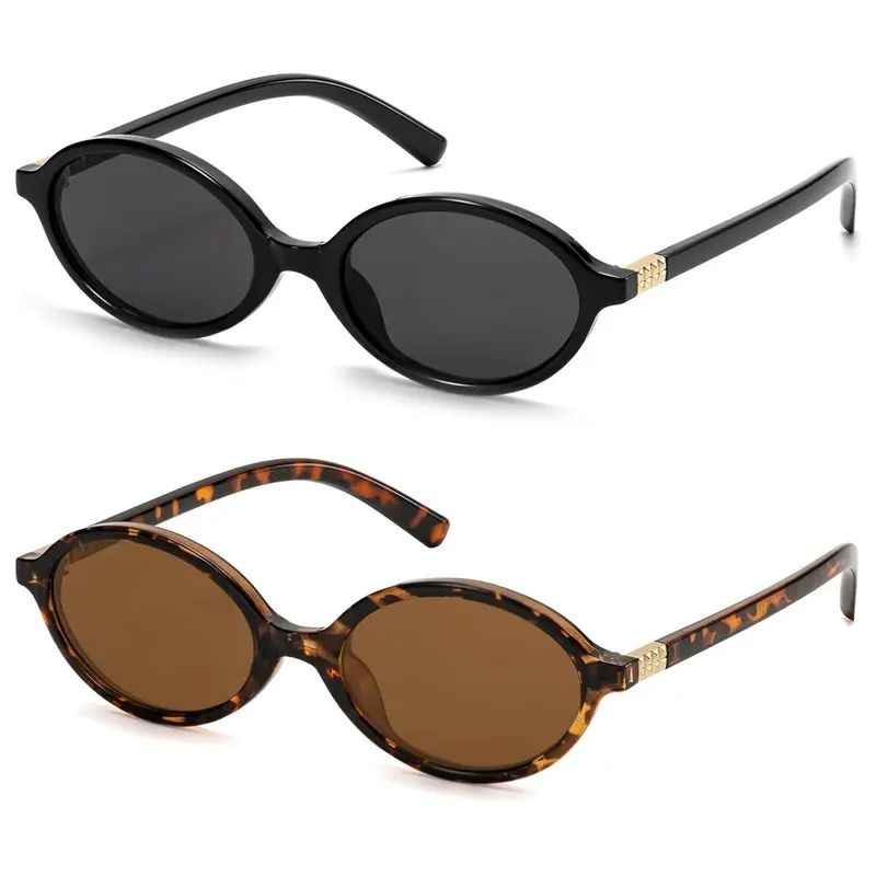 2 Pairs Retro Oval Fashionable Sunglasses for Women, Vintage 90s Fashion Shades, Casual Plain PC Frame, UV400 Protection