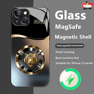 Suitable for [iPhone 13] New high-end magnetic stylish black gradient tiger head logo design pattern anti-drop glass mobile phone case new electroplated glass wireless charging mobile phone case affordable anti-drop anti-fingerprint 995