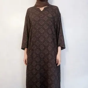 Elegant Chocolate Brown Patterned Kaftan Dress Loose Fit Maxi Modest Dress
