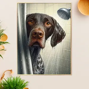 1pc German Shorthaired Pointer in Bathroom Canvas Art - Joyful Dog Wall Decor, Frameless 12x16 "Poster for Home, Bedroom, Kitchen, Living Room, Hotel, Cafe, Office Bathroom, Bathroom Decor, Perfect for Room Decor
