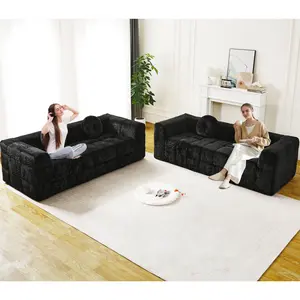 2 Piece Upholstered Sofa Set, 3-Seater Cloud Couch with Memory Foam & Deep Seat, Comfy Boneless Couch, Compressed Sofa for Living Room, Bedroom, Apartment, No Assembly(Black, 84.6" W+84.6" W)