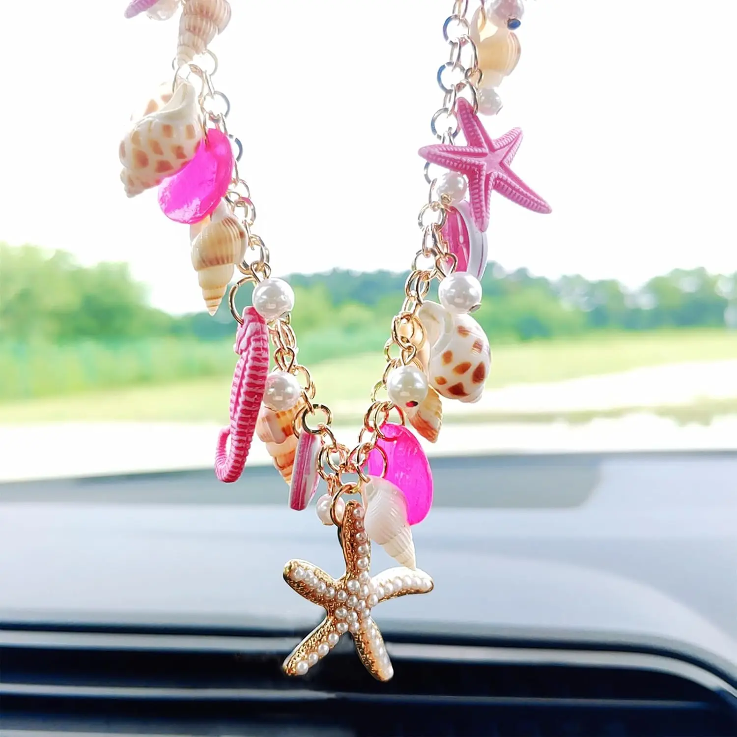 Sea Shell Car Interior Accessory Rear View Mirror Hanging Charm - Starfish Conch Cute Ornament for Women - Car Hanging Decoration Ideal for Beach Trip, Traveling