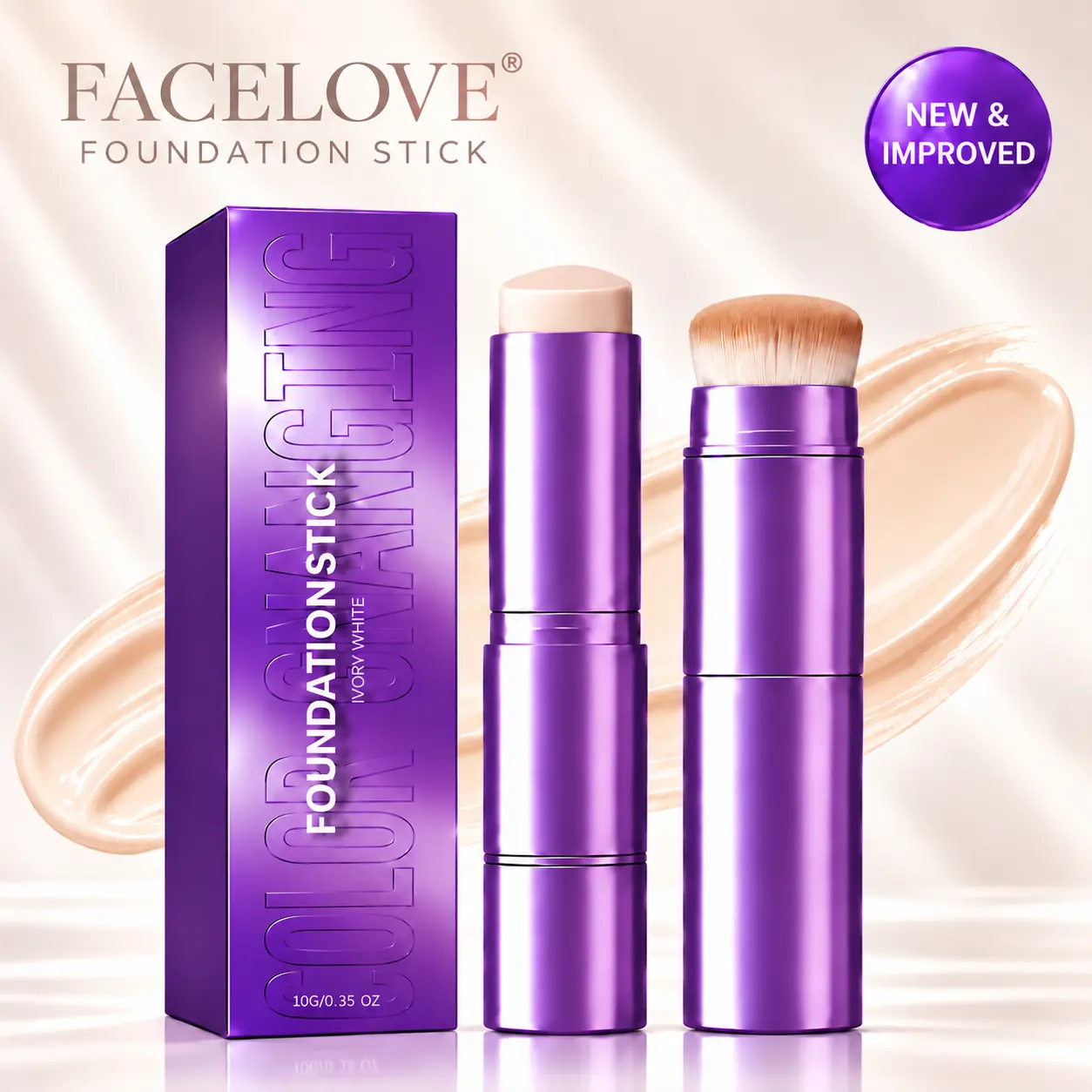FACELOVE Color Changing Foundation Stick with Built-In Brush, Dual-Ended Cream Foundation, Lightweight Hydrating Formula, Smooth Blending, Natural-Looking Coverage, Gentle Daily Makeup, 10g