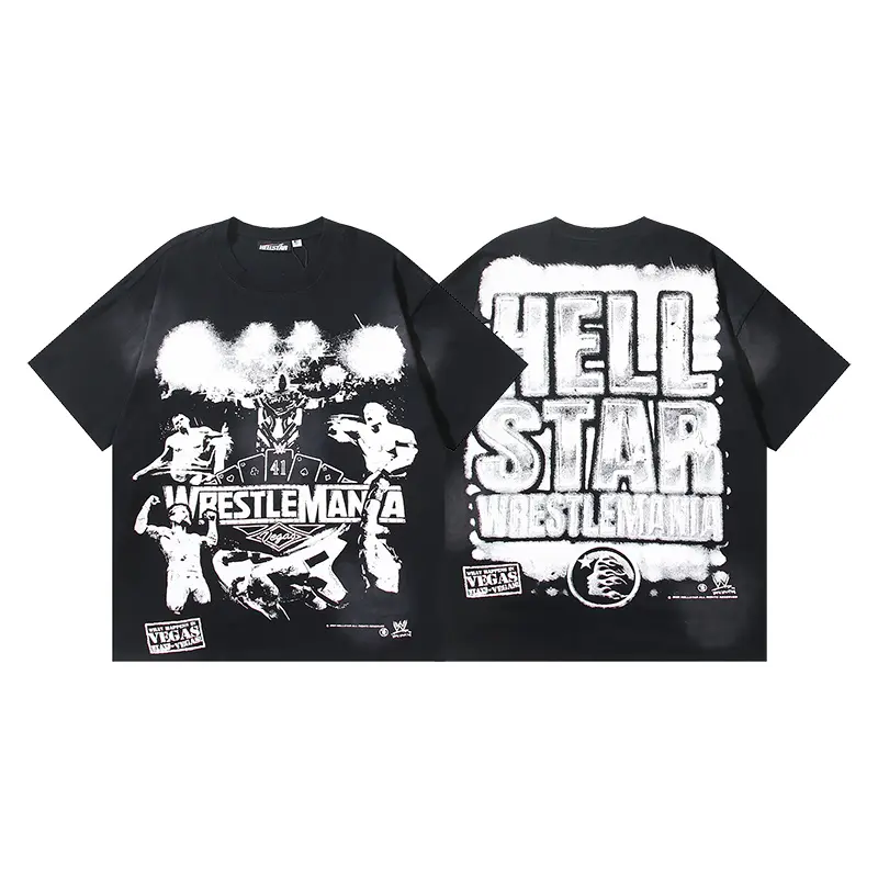 Hellstar WrestleMania Las Vegas Tribute T-Shirt, Wrestling Collage Front and Oversized Event Poster Back Graphic, Washed Black Heavy Cotton Loose Tee for Men Women, 90s Sports Streetwear Fashion Accessories