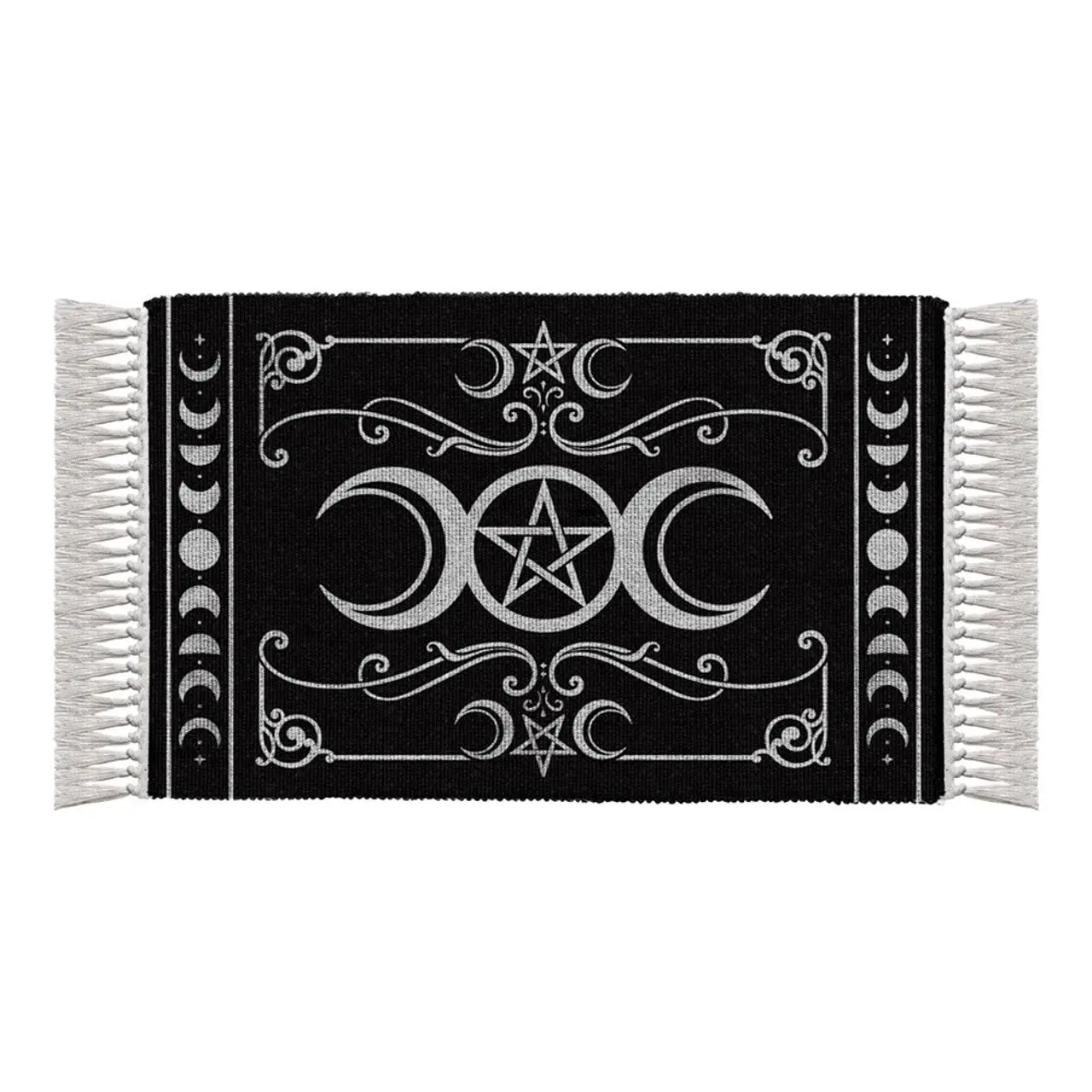 Alchemy England Triple Moon Black Boho Graphic Rug - Pagan Themed Decorative Runner, Lunar Goddess & Moon Phases Design for Altar Use
