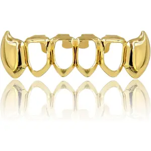Vampire Teeth Grillz Grills for Your Teeth 14K Gold Plated Vampire Fangs Open Face Gold Grillz for Men Women Hip Hop Cosplay Rapper Costume Accessory (Extra 2 Molding Bars)