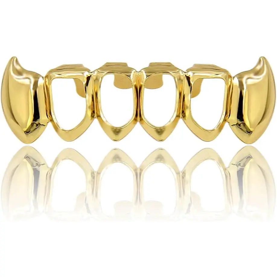 14K Gold-Plated Open-Face Vampire Teeth Grillz, Brass Base Silicone Teeth Cover, Cold Water Clean Attention Grabber for Hip Hop Rapper Cosplay (2 Extra Molding Bars)