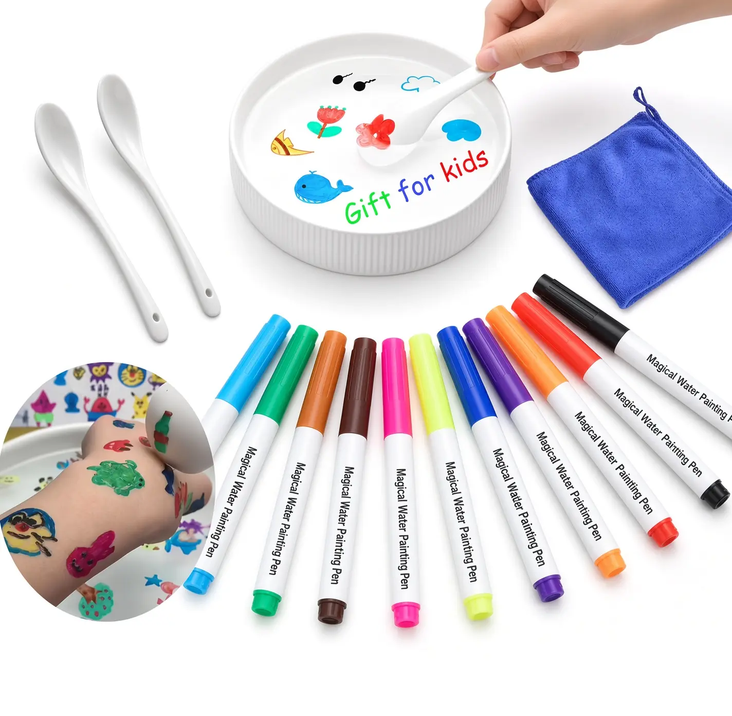 12-Color Magical Water Painting Pen Set - Floating Ink Markers with Ceramic Spoon, Towel - Unisex Kids' Art Kit for Creativity Boost, Magical Play, Halloween Gift (Art for Kids)