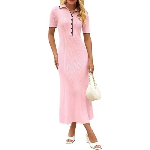 MEROKEETY Women's Stylish Knitted Fabric Button-Front Collared V-Neck Short-Sleeve Slim-Fit Bodycon Maxi Dress, Casual Women's Wear Clothing for Daily Outings