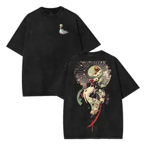 Psychic Type Poketmon Gardevoir Ukiyo-e Streetwear Shirt Acid Wash Top, Retro Vintage Unisex Oversized Anime Graphic Tee – Trendy Y2K Acid Washed Double Printed Cotton T-Shirt, Outfits for Men, Manga Game Movie Lover Gift For Fans Merch