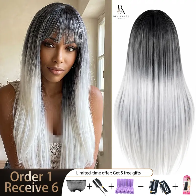 [Order 1, Get 6]30 Inch Long Ombre Wig for Women, Black to Silver Gray Straight Wig with Bangs, Heat Resistant Synthetic Fiber Hair Wig, Natural Looking Full Cap Wig for Daily Wear, Party & Cosplay