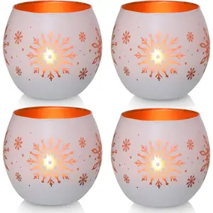 Christmas Candle Holders Set of 4, Gold & White Glass Tealight Votive Holders for Winter Decor, Xmas Table Centerpieces, Indoor Christmas Decorations