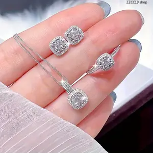 3Pcs Bridal Halo Jewelry Set, CZ Crystal Necklace Earrings Ring Bundle