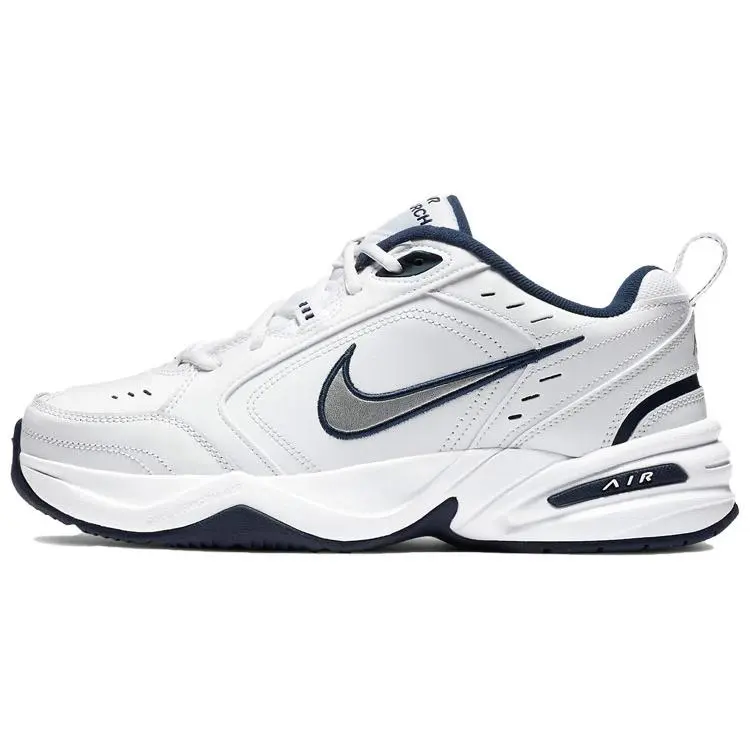Nike Air Monarch 4 Men's Chunky Athletic Casual Walking Thick Soled Trendy Fashion Retro Low-Top Slip-Resistant White & Navy Sneakers, Official House White Maison Mihara Shoes, Chunky Sneaker, Athletic Sneakers