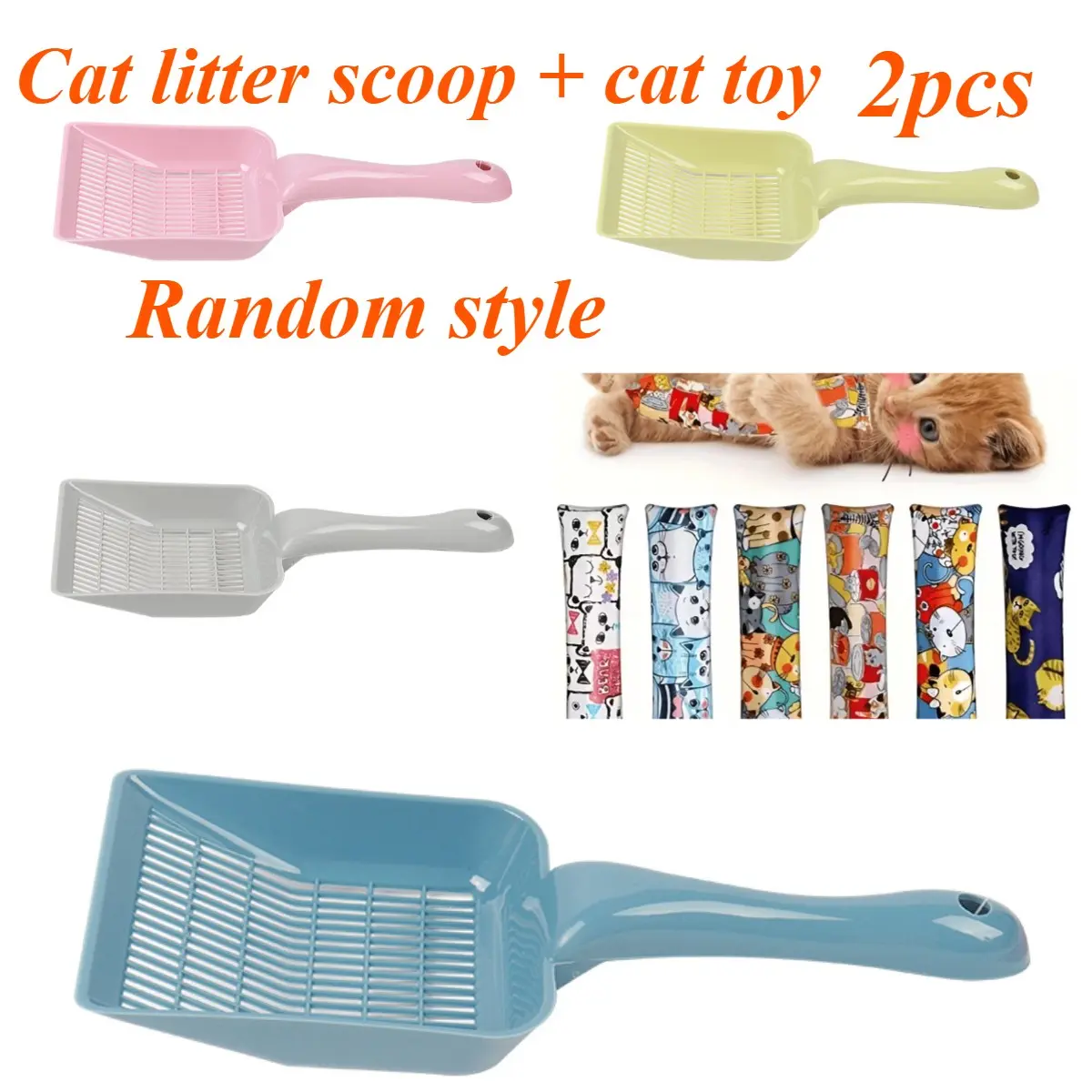 Random Combination: 1 + 1 Plastic Cat Litter Shovel, with a Cat Plush Toy, Specially Designed for Cat Litter Screening, Made of Durable Engineering Plastics, Ideal for Pet Care, Especially for Cleaning Cat Litter. Show Love for Cute Cats