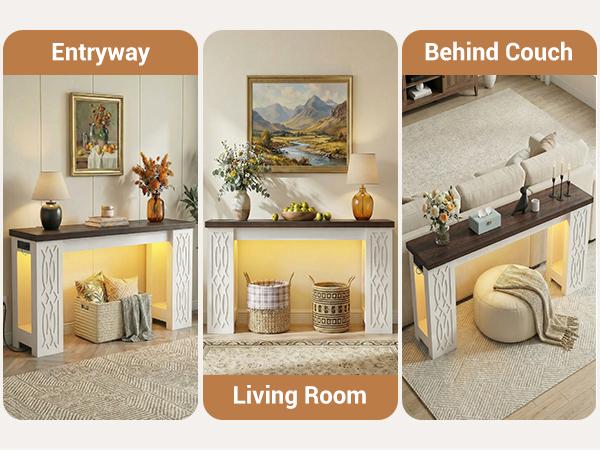 47" Farmhouse Console Table with Colorful LED & Outlet – Smart Charging Entryway Table for Living Room, Hallway, Sofa Back