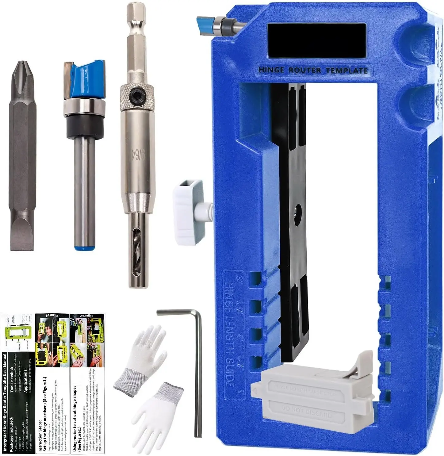 (Blue) Door Hinge Router Template, Door Clamps, Door Mortise, Door Mounting Kit Fits 90  Angles, and Door Hinges with Hinge Type Square, 1/4" or 5/8" Thickness, 3" to 5" Length