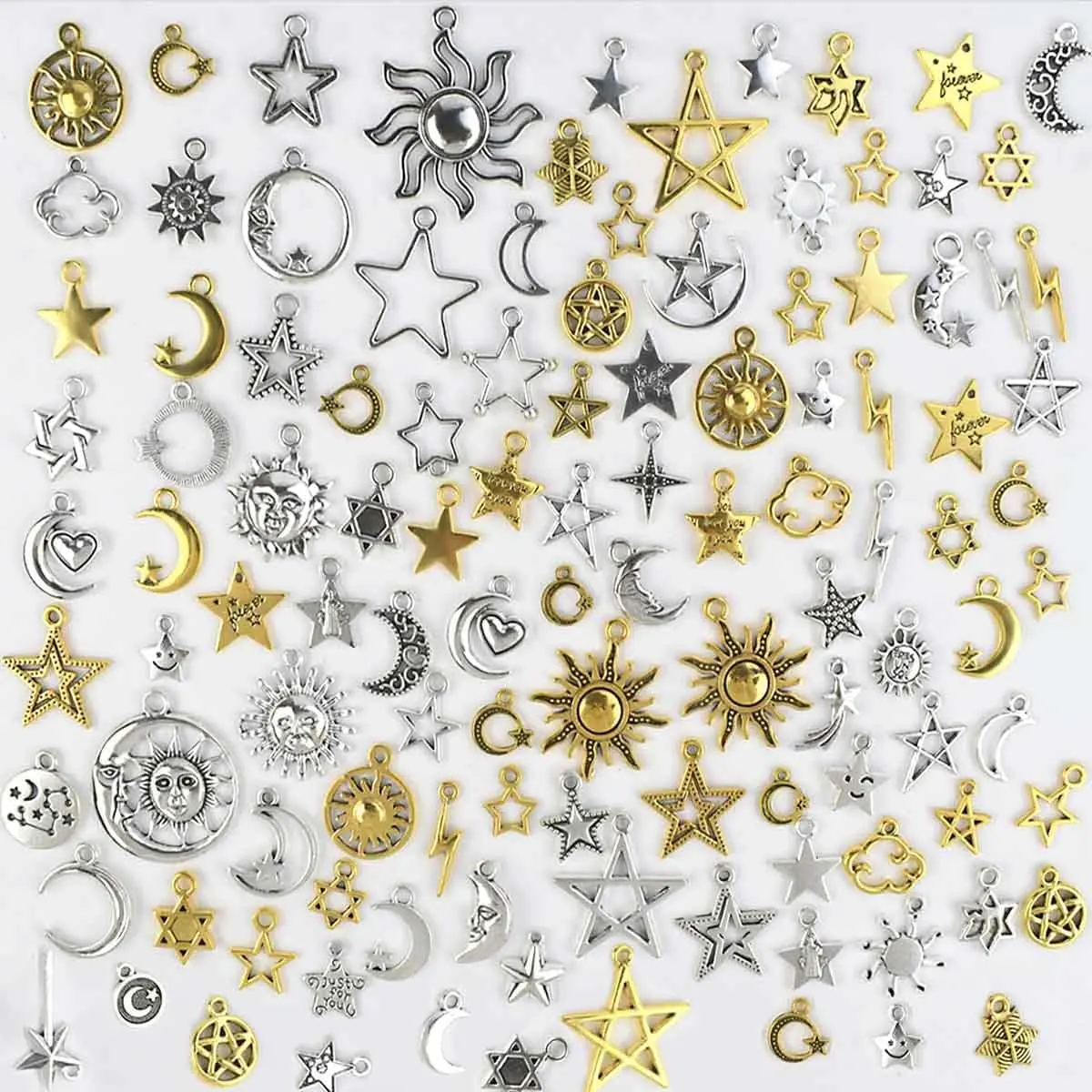 Pieces Sun and Moon Charms for Jewelry Making - Alloy Moon Pendants, Vintage Star Celestial Charms for Necklace, Bracelet, Earrings - Antique Silver Pendant Craft DIY Jewelry Making Supplies