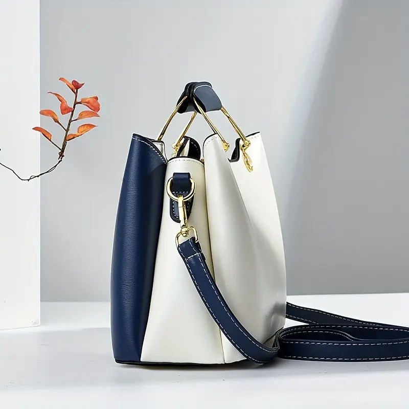 [2024 New Tote Bag] 2024 New High Quality Color-Block Tote Bag | Adjustable Crossbody/Shoulder Strap, Golden-Tone Hardware & Magnetic Closure | Navy/Beige/White Contrast Design, Durable Polyester Lining, Casual Handbag for Commuting, Work,