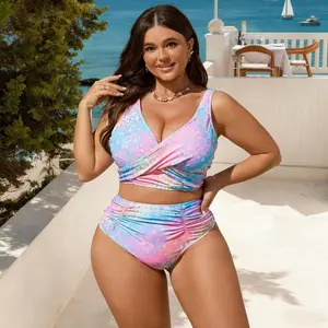 Plus Size Gradient Leopard Print Tankini Set, Wrap Front High Waist Two Piece Swimsuit, Beach Pool Vacation Swimwear