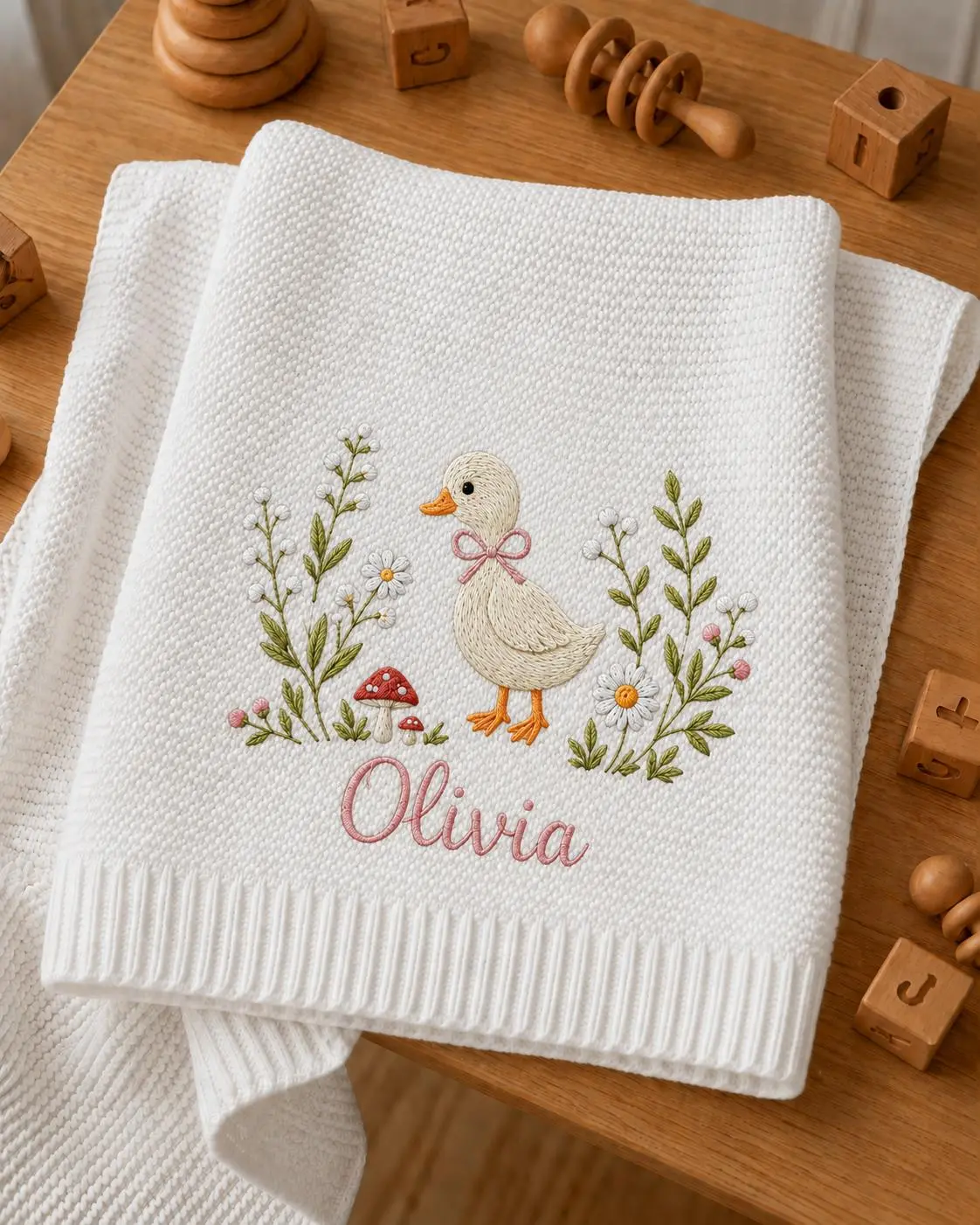 [Made-to-Order] Custom Goose Wildflower Embroidered Knit Baby Blanket, Personalized Daisy Mushroom Newborn Blanket, Gift for Baby Girl, Baby Shower Gift, Keepsake