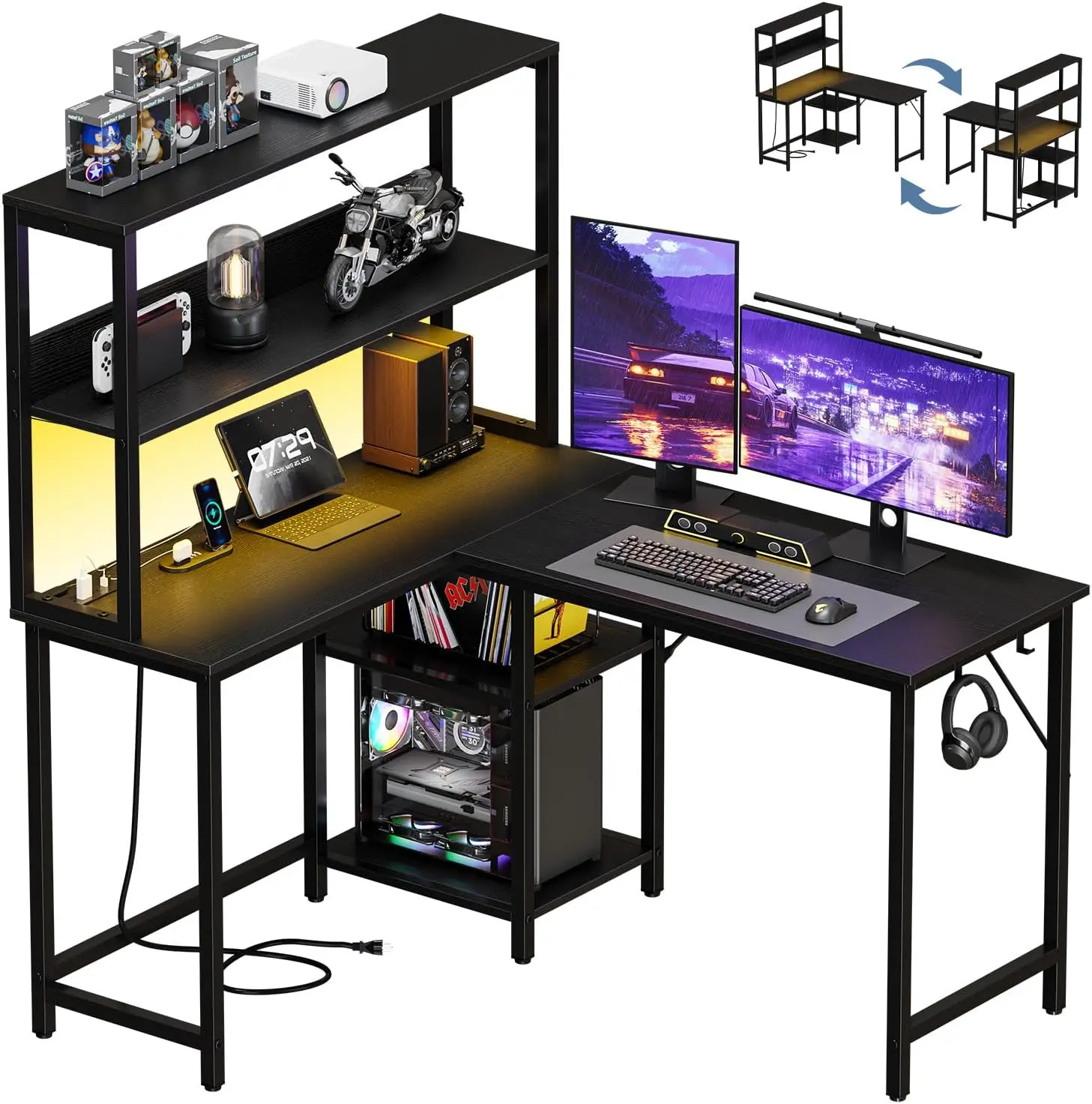 43 Inch L Shaped Corner Desk With Storage Shelves And Charging Station, Reversible Computer Desk With Built In Power Outlet, Sturdy Workstation For Gaming Study Home Office