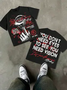 You Don't Need Eyes to See Graffiti Loose Short Graphic T-Shirt, Vintage Slogan, Eye Hand Print, Ink, Y2K Grunge Streetwear Style, Casual Wear, Top