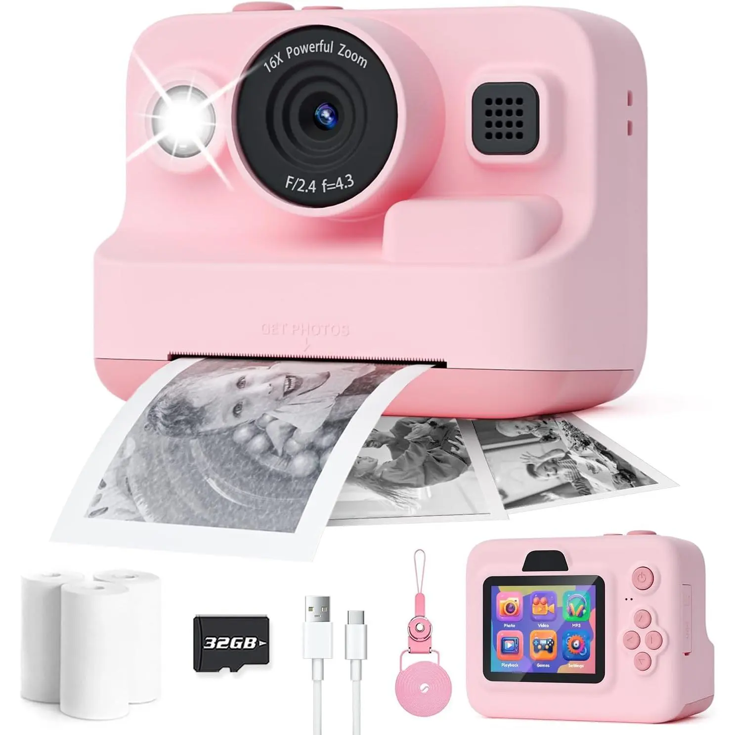 Digital Instant Print Camera - 1080P Plastic Digital Camera with Memory Storage, Manufacturer Warranty, Portable Christmas/Birthday Gift for 3-12 Year Old Girls (Pink), Manufacturer Warrenty