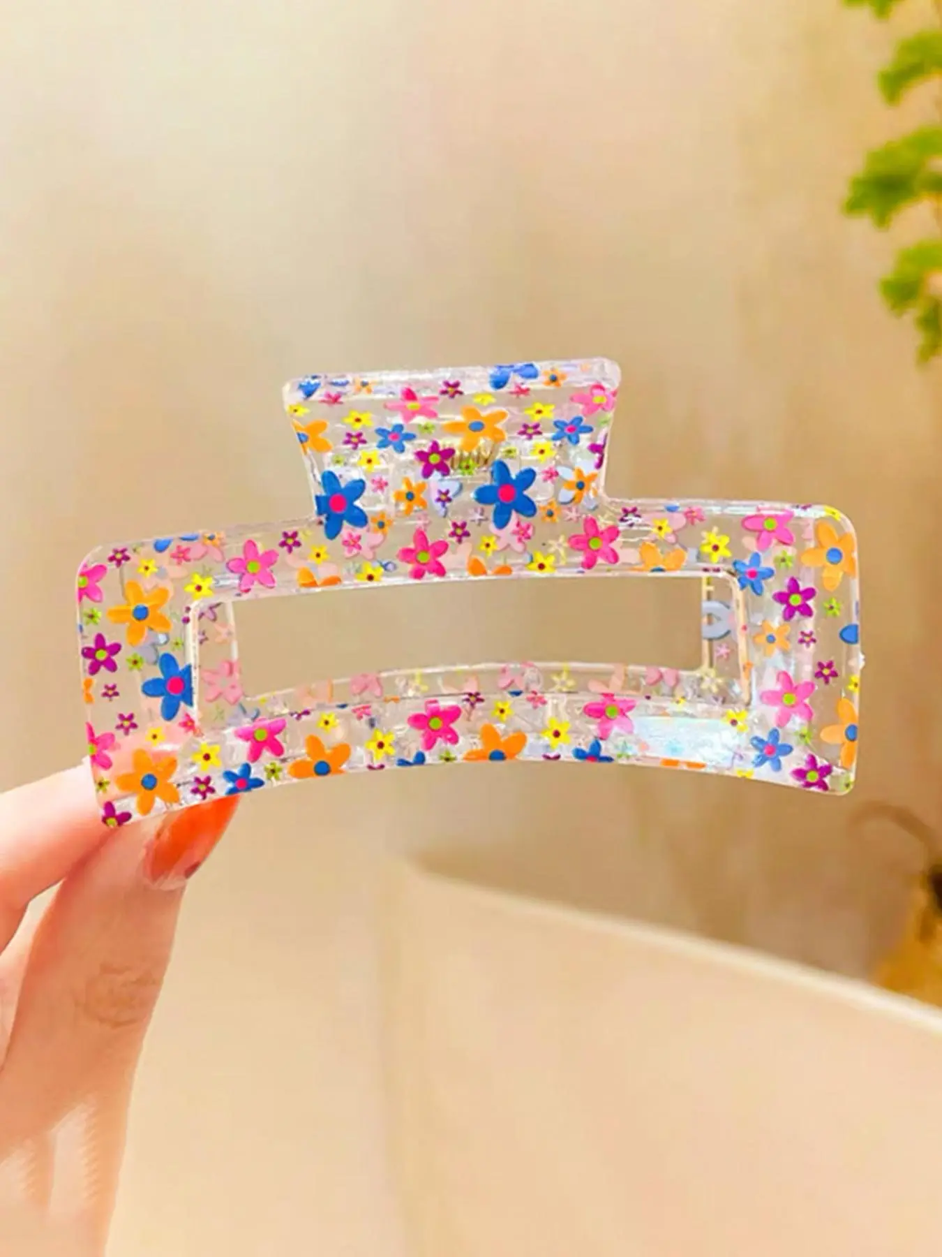 Women's Cute Colorful Flower Pattern Hair Claw, Pink Hair Claw Clip for Women & Girls Back To School, Cute Accessory, Cute Hair Accessories, Hairstyle Decor, Flat Claw Clips, Transparent Clips, Durable Plastic Material, Fun Hair Clips