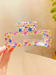 Women's Cute Colorful Flower Pattern Hair Claw, Fashionable Pink Hair Claw Clip for Women & Girls Back To School, Cute Accessory, Trendy All-match Hair Accessories for Hairstyle Decor, Flat Claw Clips, Barrettes, Super Cute Clips