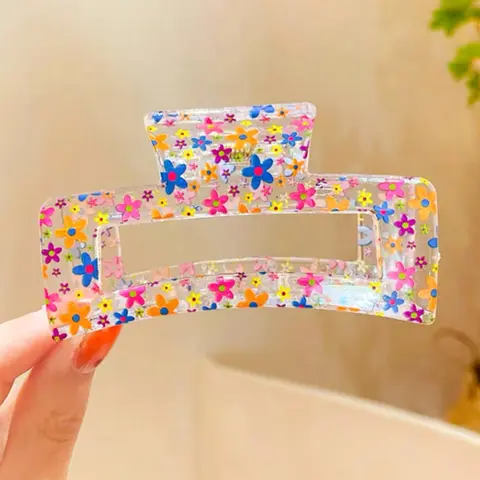 Women's Cute Colorful Flower Pattern Hair Claw, Pink Hair Claw Clip for Women & Girls Back To School, Cute Accessory, Cute Hair Accessories, Hairstyle Decor, Flat Claw Clips, Transparent Clips, Durable Plastic Material, Fun Hair Clips