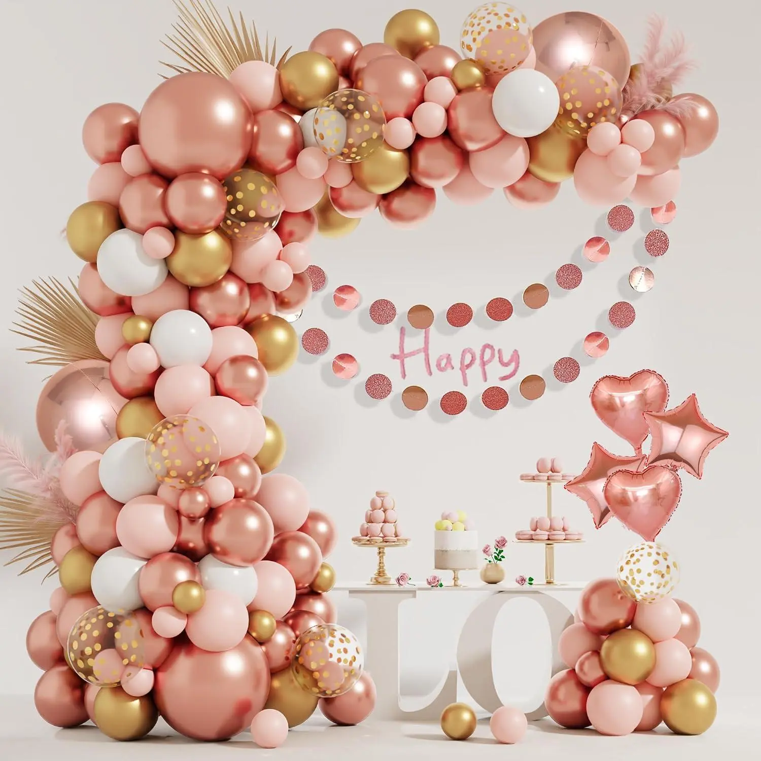 149Pcs Rose Gold Balloons Arch Kit, Pink Rose Gold White Cardioid Pentagram Flag Banner Balloon Garland For Women Girls Birthday Wedding Graduation Baby Shower Bridal Bachelorette Mother'S Valentine'S Day Party Decorations