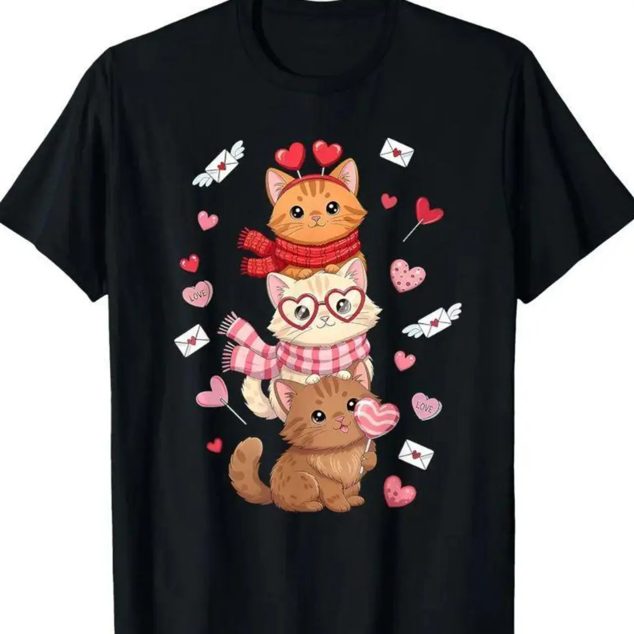 Stacked Cute Valentine Cats Hearts Love Letters Graphic Black Crew Neck T-Shirt Romantic Kitten Lover Tee (No Box Included)