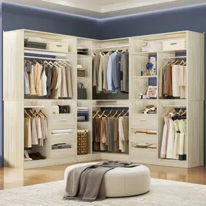 72"-108" Closet System with 6 Wood Drawers and 6 Hanging Rods, White Oak Color, Freestanding Walk-in Closet Organizer System Wardrobe Closet Tower