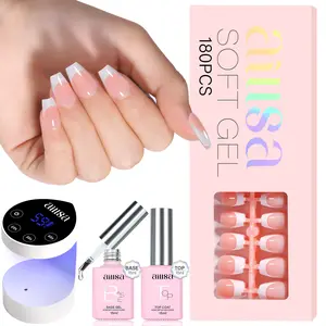 Aillsa French Style Nails Set- 180pcs Classic Nude Extra Short Coffin Nail Tips in 15 sizes, 4 Timers Setting UV Light with Auto Sensor,, Base and Top coat, Easy to Wear  Press-on Nail Set Nail Extensions DIY Nail Art at home Birthday Gift For Women