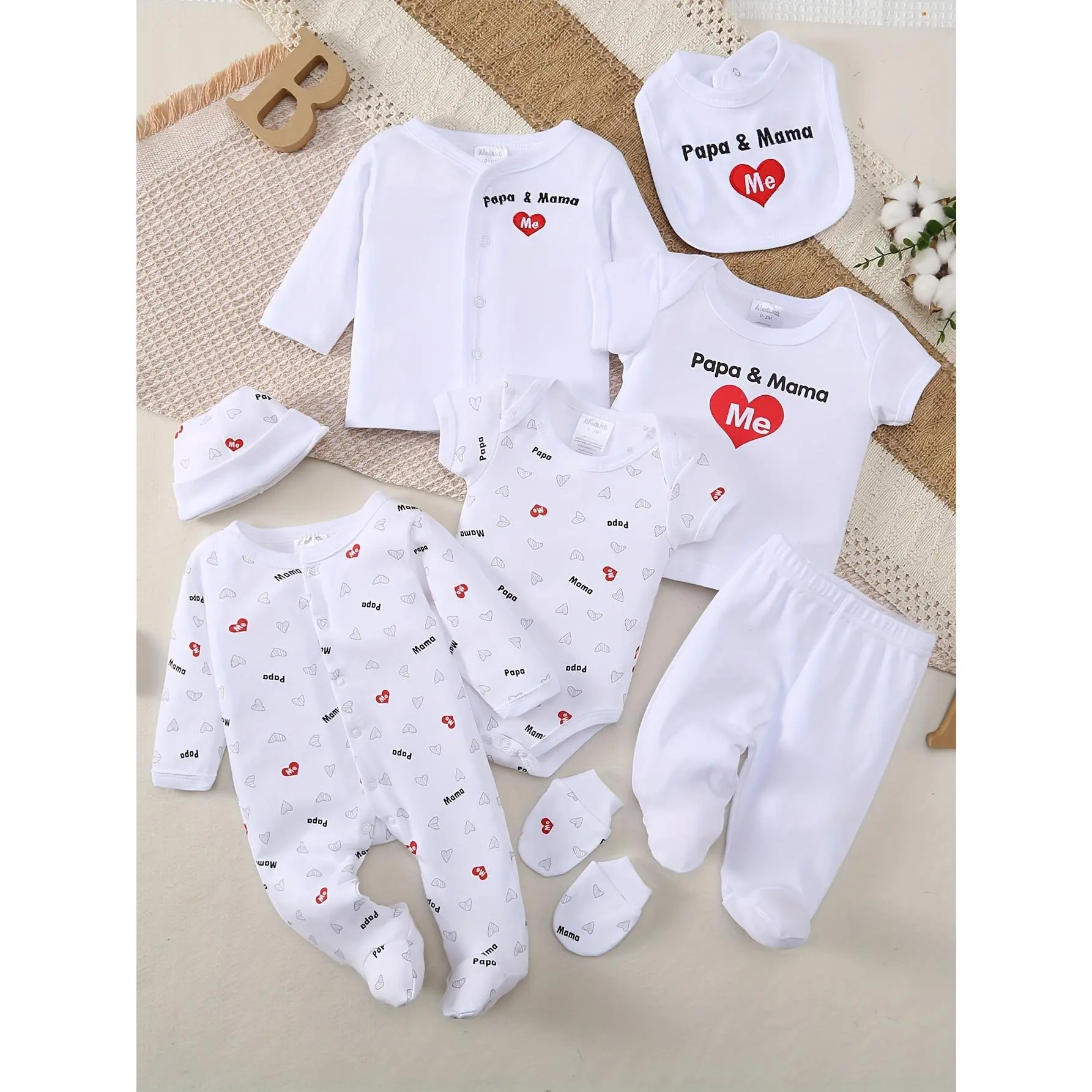 8-Piece Baby Layette Set, Casual Alphabet Print 100% Cotton Unisex Newborn Outfit for 0-9 Months, Includes Socks & Hooded Towel, Newborn Gift Set, Crew Neck, Normal, Characters, 8‑Pc Newborn Set