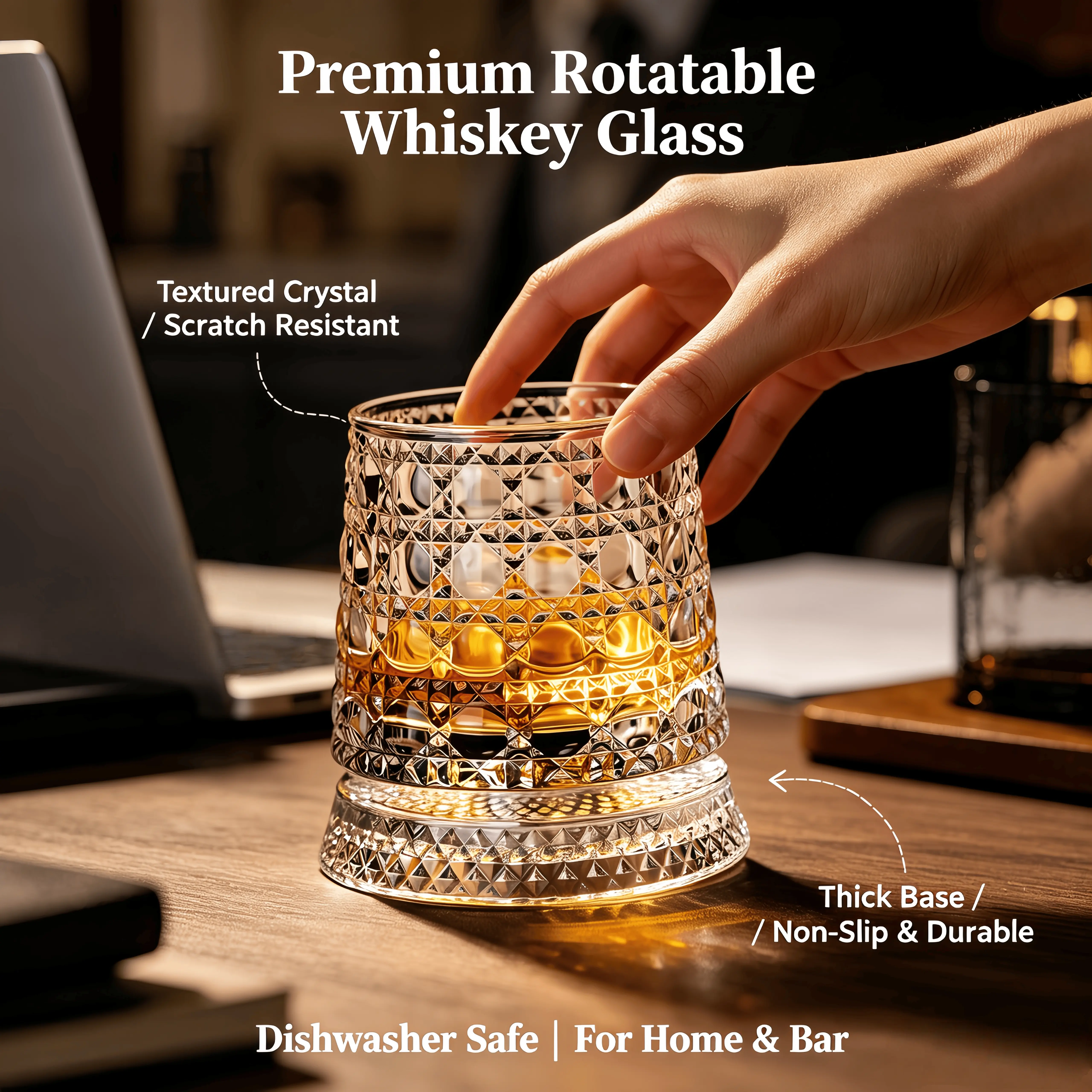 2pcs 360° Spinning Geometric Diamond-Cut Whiskey Crystal Glasses - Non-Slip Base, Glassware Drinkware, Home & Party Bar Accessory, Gift for Whiskey Enthusiasts