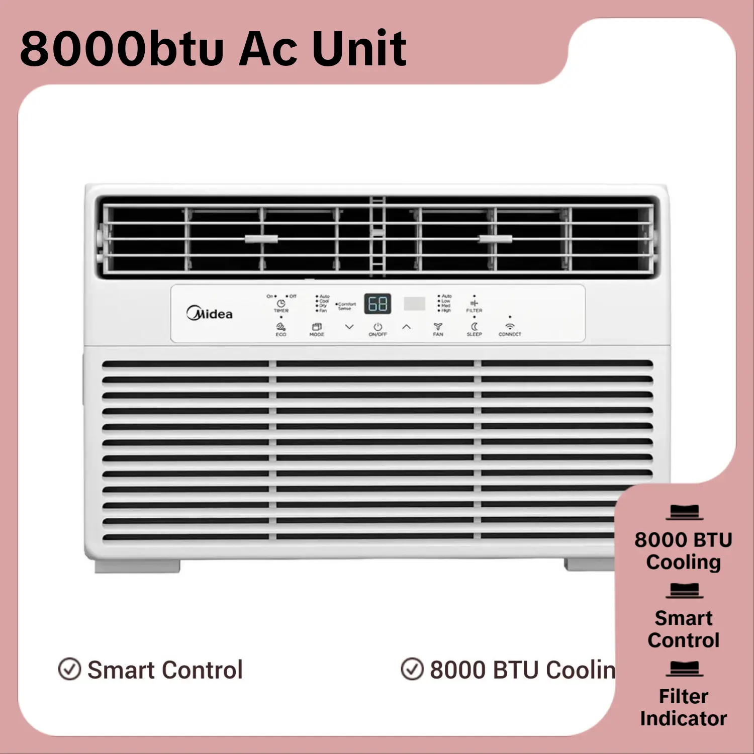 Midea 8000 BTU Smart Window Air Conditioner, 3-in-1 Cool Fan Dehumidifier, ComfortSense Remote, App & Voice Control, Energy Efficient, Cools Up To 350 Sq Ft, For Bedroom Living Room, White, Like New