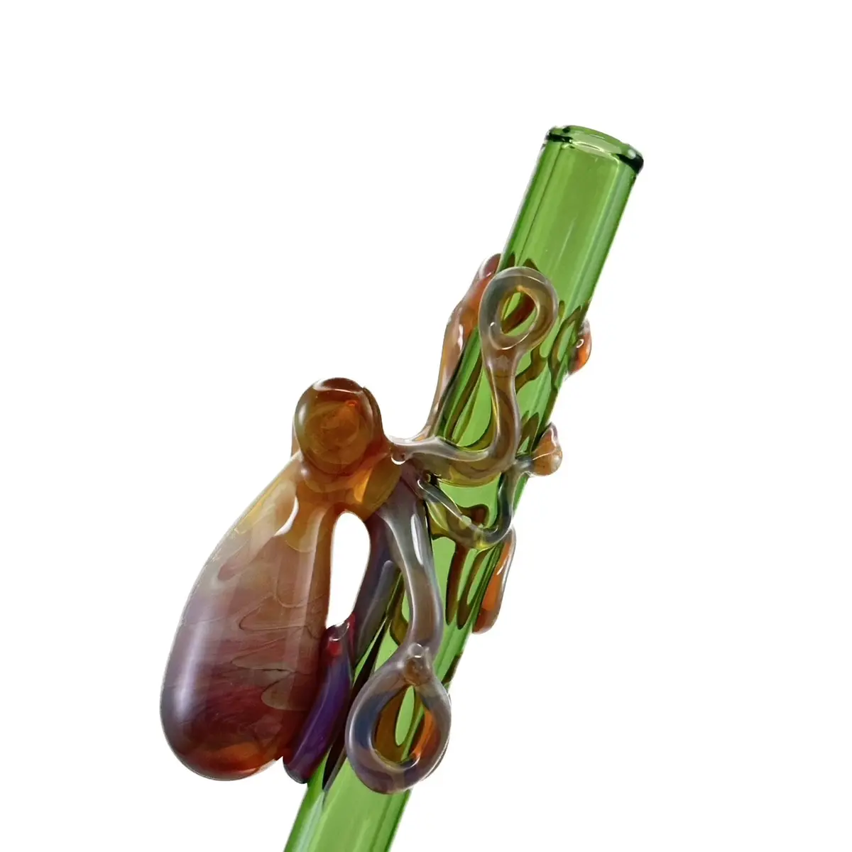 Reusable Glass Straw. Eco friendly hand blown emerald green straw with flamework triple passion octopus.
