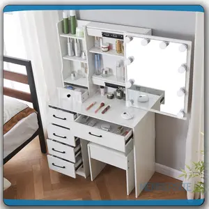 NEW Makeup Vanity Table with LED Sliding Mirror Vanity Set and Stool & 6 Shelves