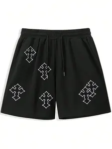 Y2K Streetwear Baggy Shorts for Men Women, Gothic Purple Cross Embroidery Drawstring Sweat Shorts, Casual Sports Shorts, Oversized Dark Aesthetic Summer Casual Bottoms for Festival & Daily Wear, Athleisure Casual Shorts