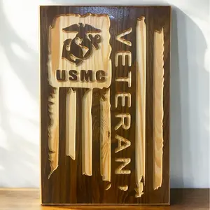 U.S. Marine Corps. Veteran Wooden 18x12 Hangable Plaque for Home Decor with USMC Logo and American Flag Design