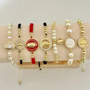 Adjustable Gold Plated Virgen Bracelet - Thread or Beaded Bracelet with Various Charms and Decorative Elements