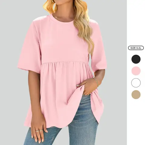 Imily Bela Womens Summer Babydoll Tops Oversized Short Sleeve Crewneck T Shirts Peplum Casual Loose Blouse